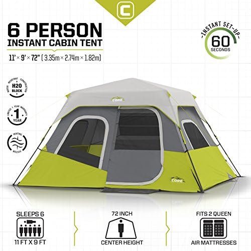 CORE Instant Cabin Tents | 6 Person / 9 Person / 10 Person / 12 Person Family Cabin Multi Room Pop Up Tents Car Camping | Included Storage Pockets for Camping Accessories - Image 4
