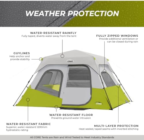 CORE Instant Cabin Tents | 6 Person / 9 Person / 10 Person / 12 Person Family Cabin Multi Room Pop Up Tents Car Camping | Included Storage Pockets for Camping Accessories - Image 7